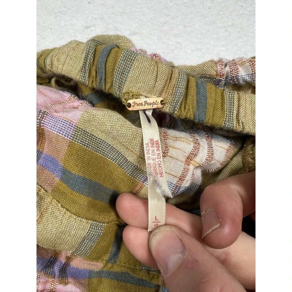 Free People Whitley Top L Women Casual Plaid Strapless Ruffle Blouse‎